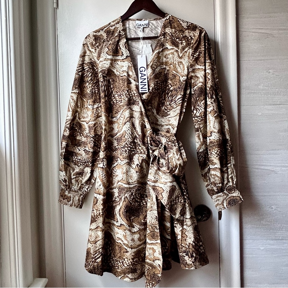 Nwt GANNI Animal Print Poplin Wrap Dress